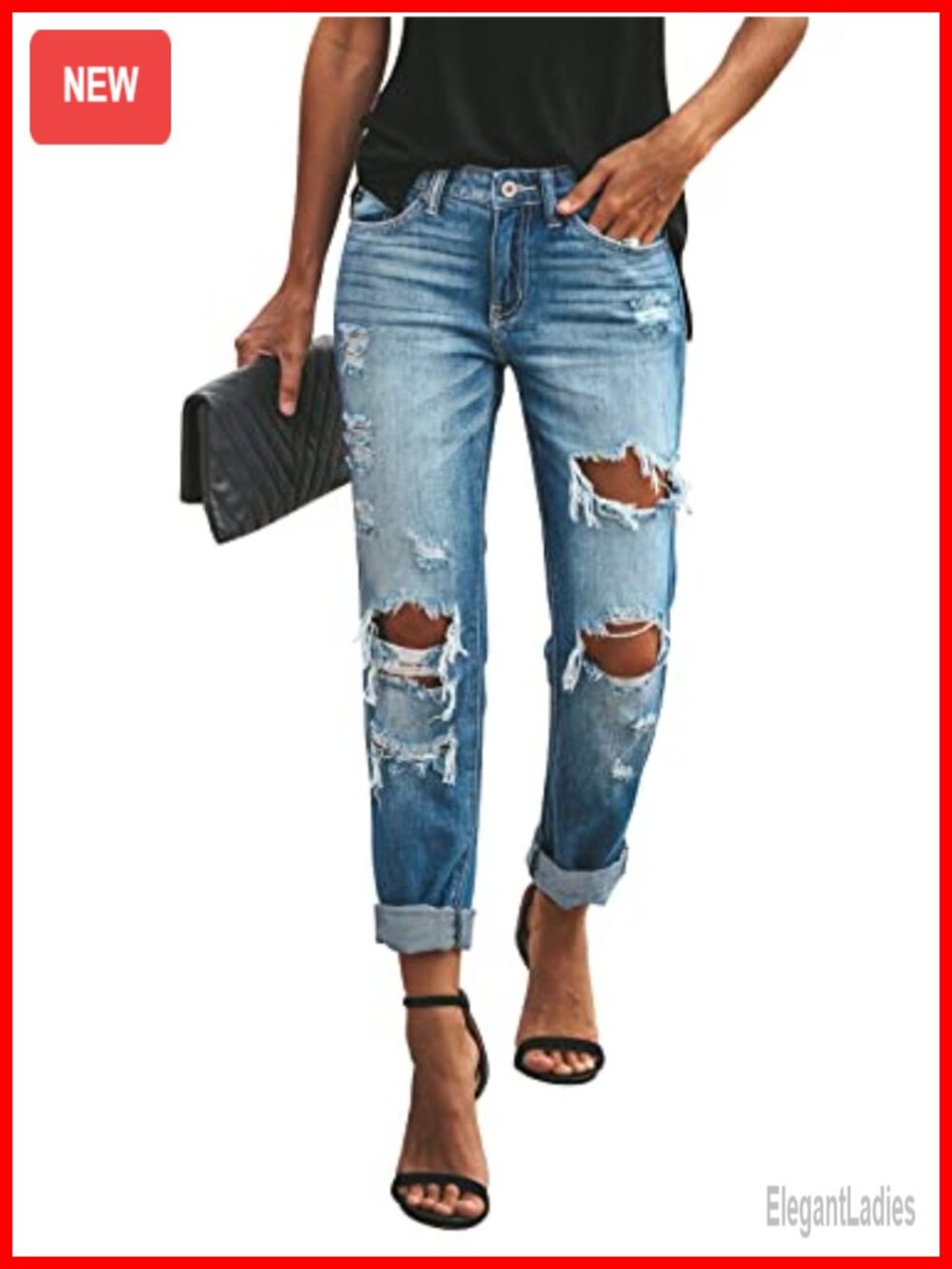Women's Distressed Boyfriend Jeans Loose Fit Stretchy Denim Pants